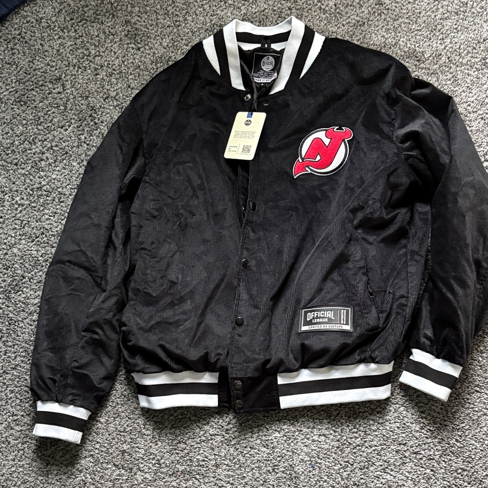 New Jersey Devils Black corduroy Varsity Jacket with Red Logo